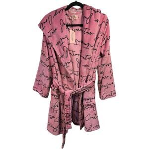 Juicy Couture L/XL Robe Pink Black Crown Logo Hooded Fuzzy Bathrobe Robe NEW NWT